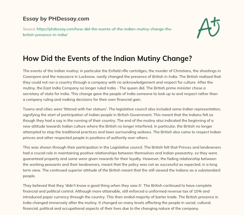 How Did the Events of the Indian Mutiny Change? essay