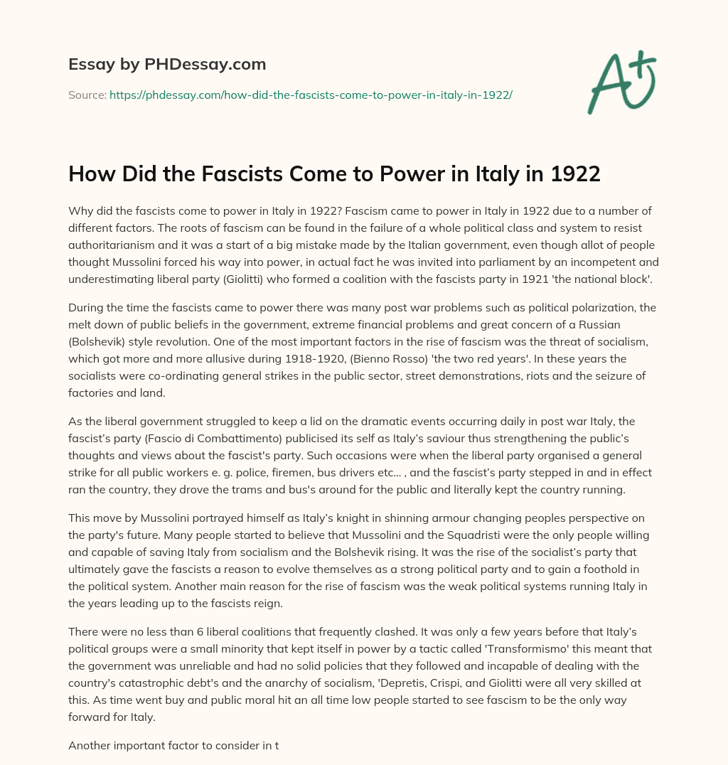How Did the Fascists Come to Power in Italy in 1922 essay