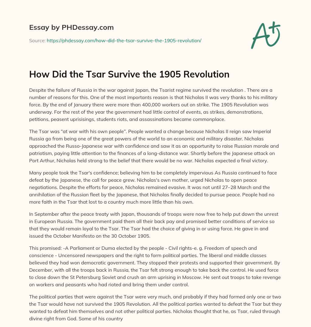 How Did the Tsar Survive the 1905 Revolution essay