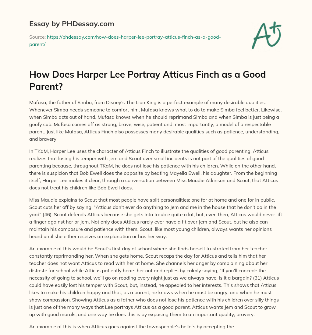 How Does Harper Lee Portray Atticus Finch as a Good Parent? essay