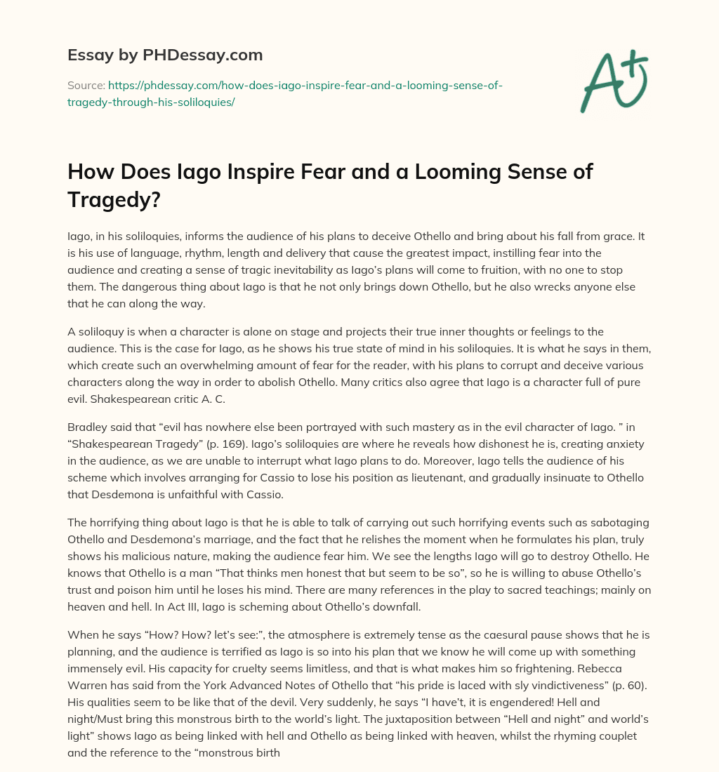How Does Iago Inspire Fear and a Looming Sense of Tragedy? essay