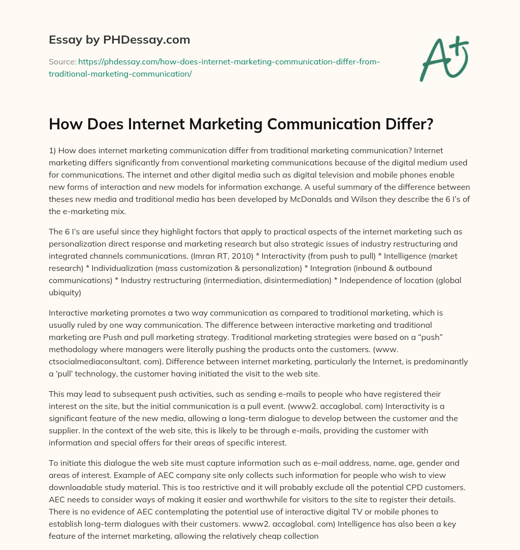 How Does Internet Marketing Communication Differ? essay
