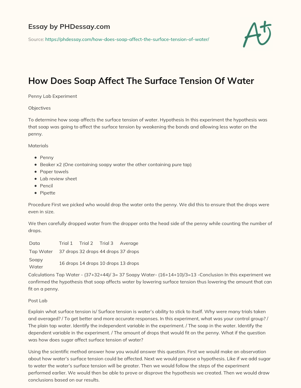 How Does Soap Affect The Surface Tension Of Water essay