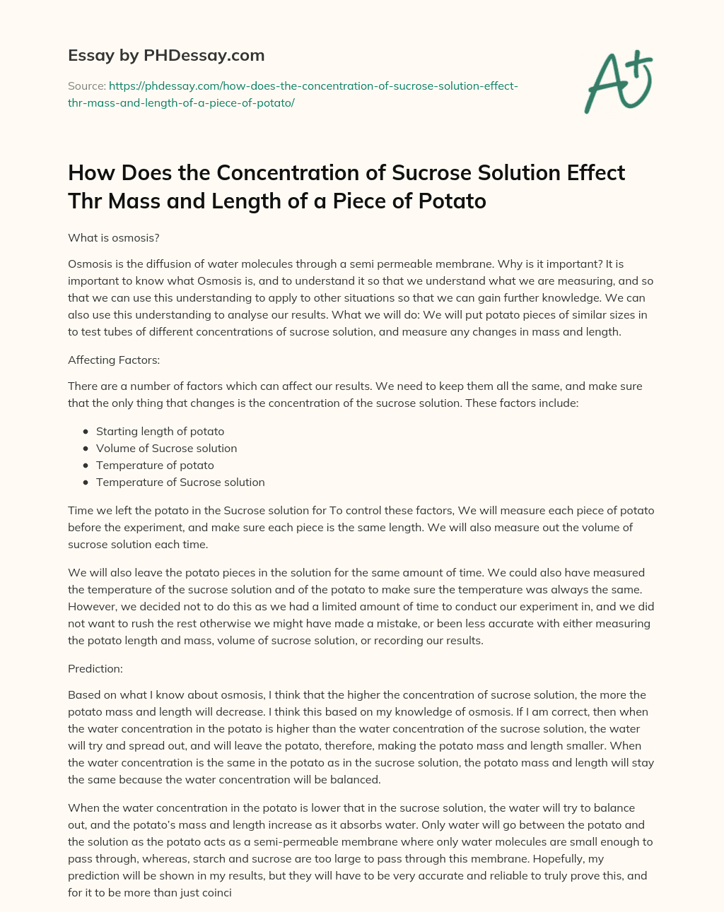 How Does the Concentration of Sucrose Solution Effect Thr Mass and Length of a Piece of Potato essay