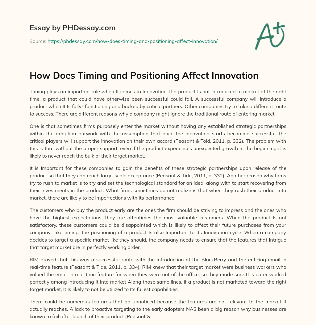 How Does Timing and Positioning Affect Innovation essay