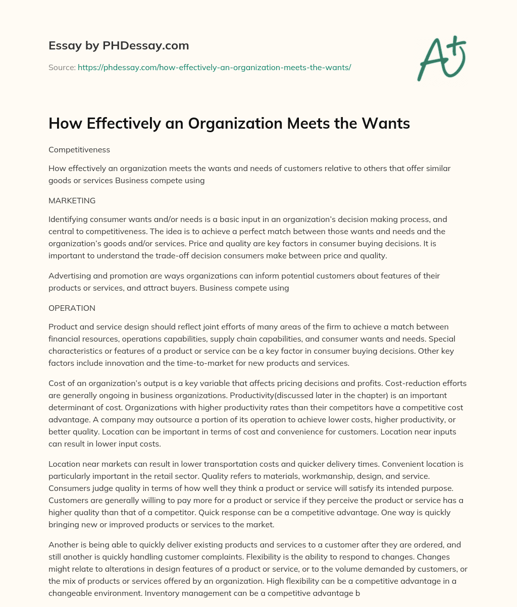 How Effectively an Organization Meets the Wants essay