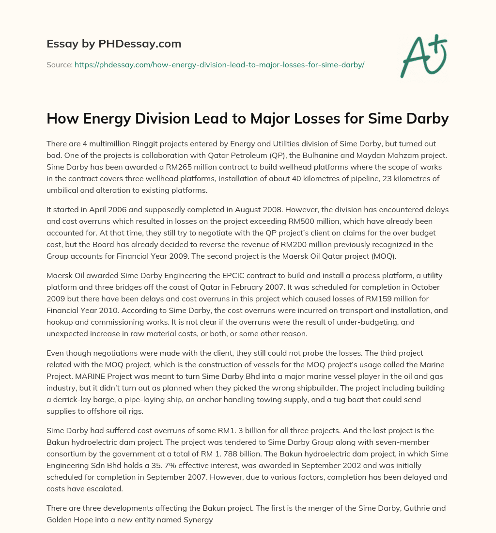 How Energy Division Lead to Major Losses for Sime Darby essay