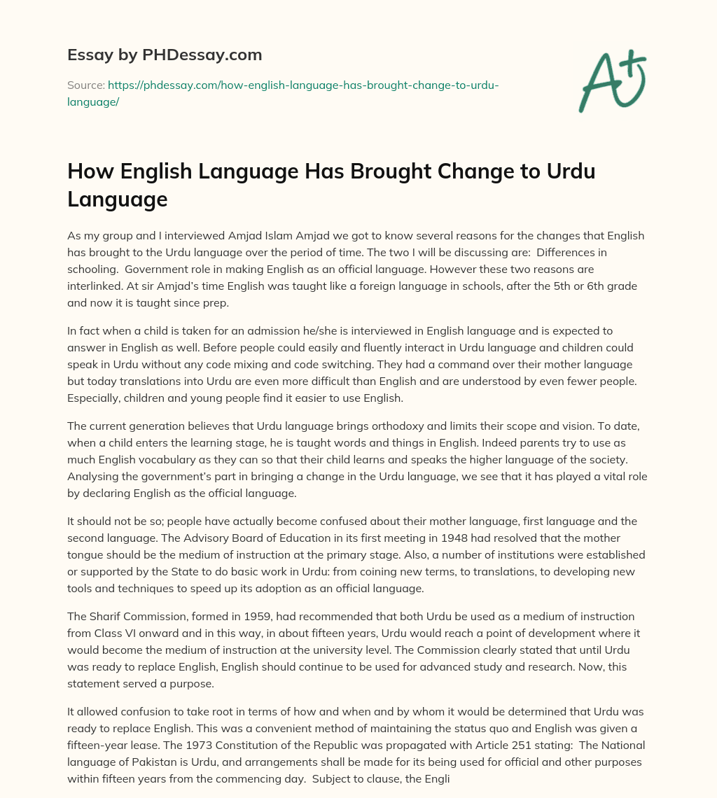 How English Language Has Brought Change to Urdu Language essay