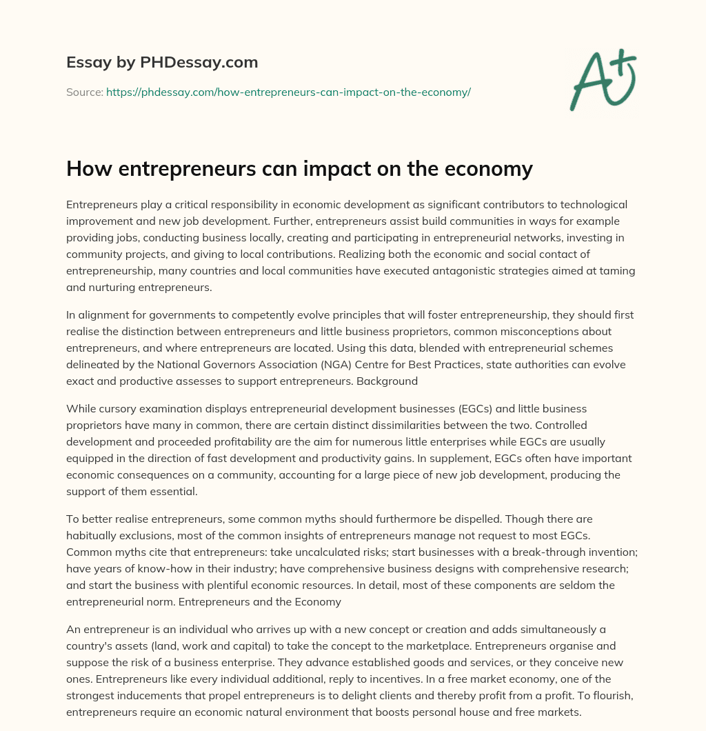 How entrepreneurs can impact on the economy essay