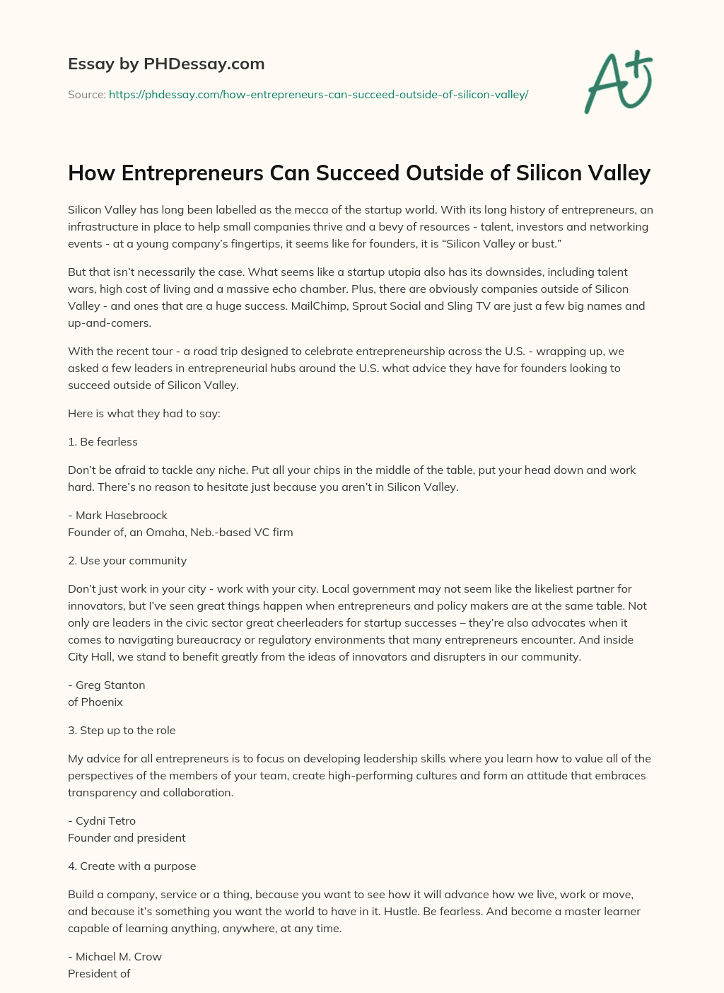 How Entrepreneurs Can Succeed Outside of Silicon Valley essay