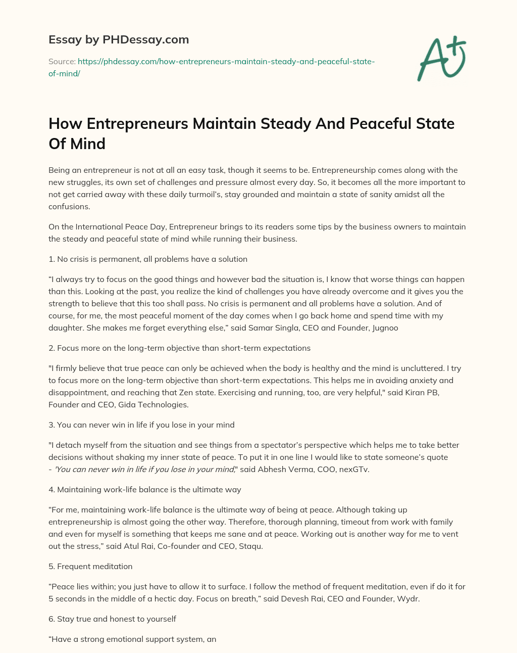 How Entrepreneurs Maintain Steady And Peaceful State Of Mind essay