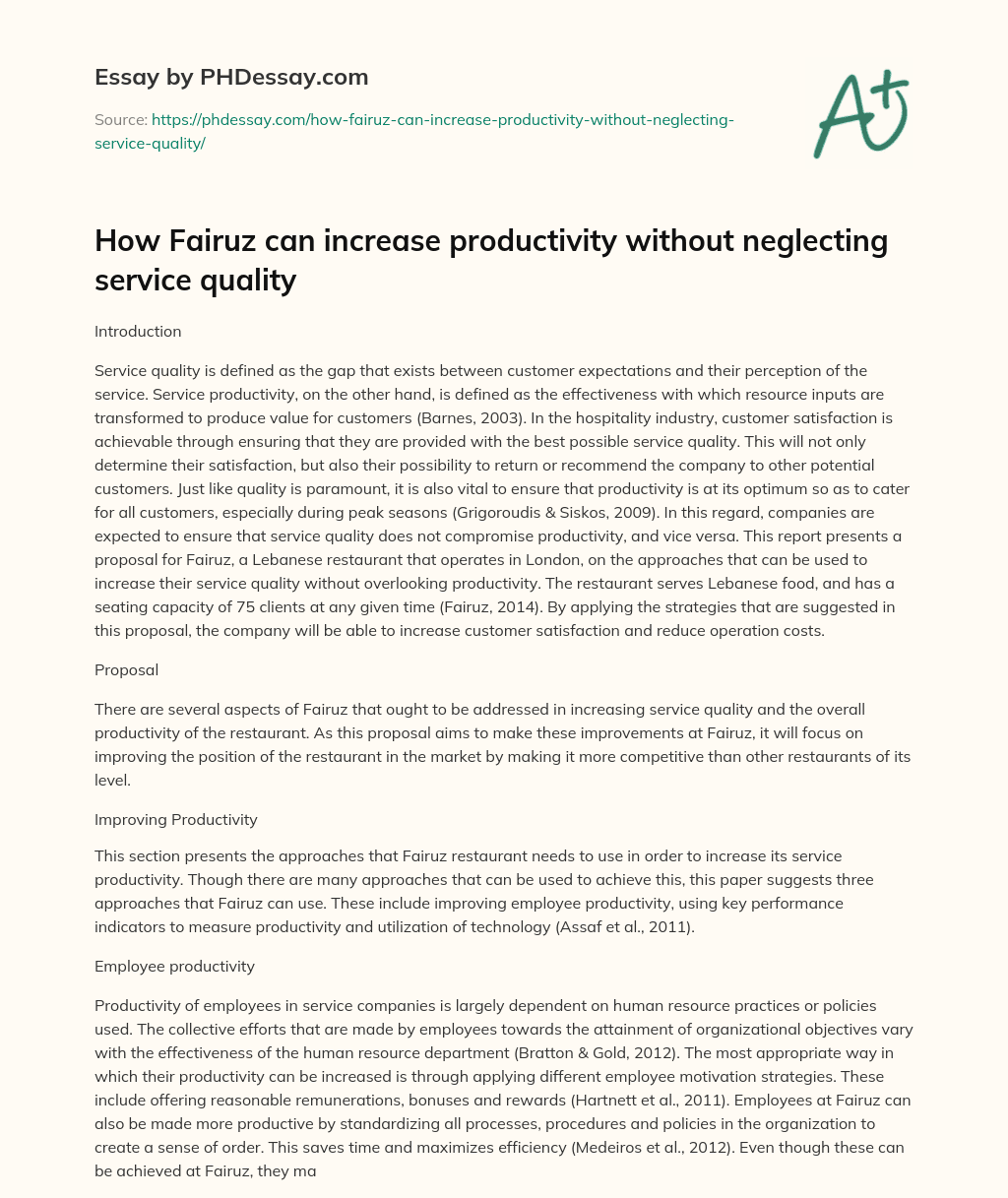 How Fairuz can increase productivity without neglecting service quality essay