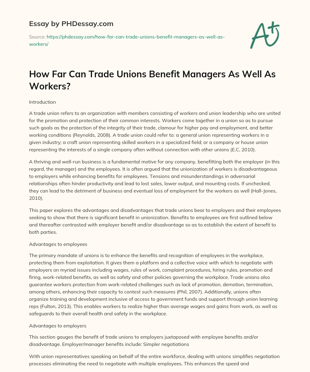 How Far Can Trade Unions Benefit Managers As Well As Workers? essay