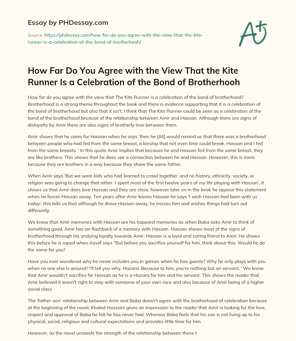 How Far Do You Agree with the View That the Kite Runner Is a Celebration of the Bond of Brotherhooh essay