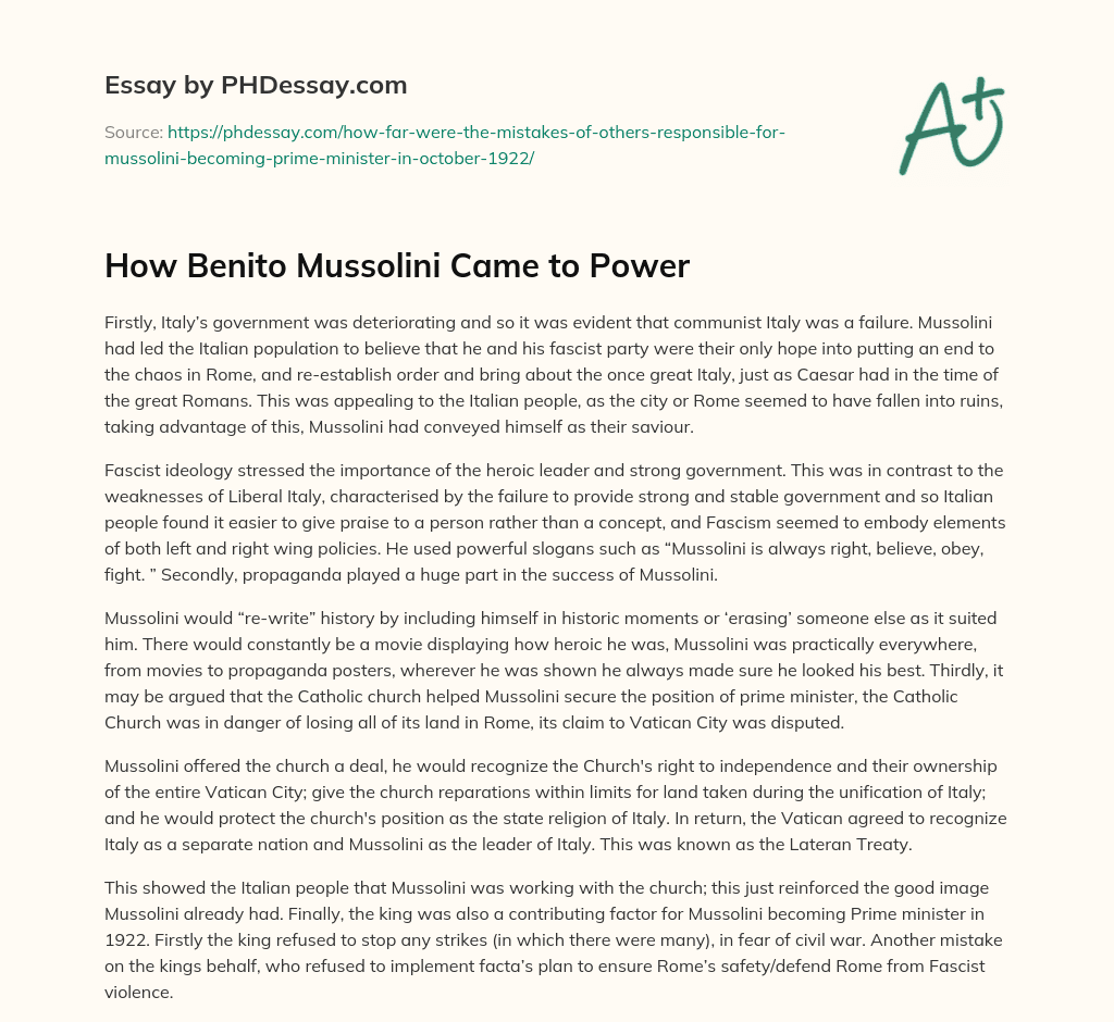 How Benito Mussolini Came to Power essay