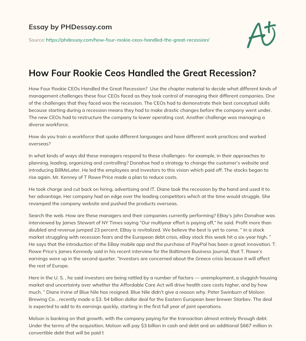 How Four Rookie Ceos Handled the Great Recession? essay