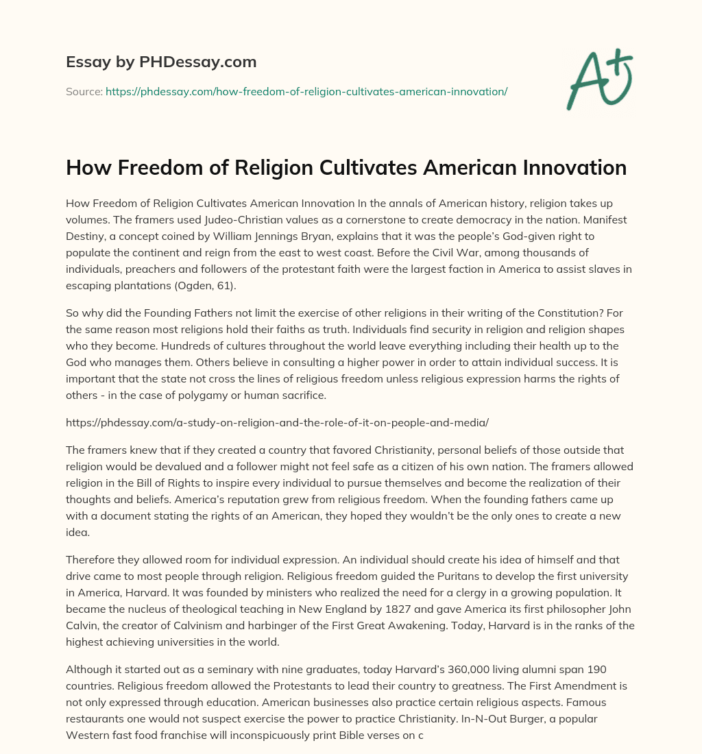 How Freedom of Religion Cultivates American Innovation essay