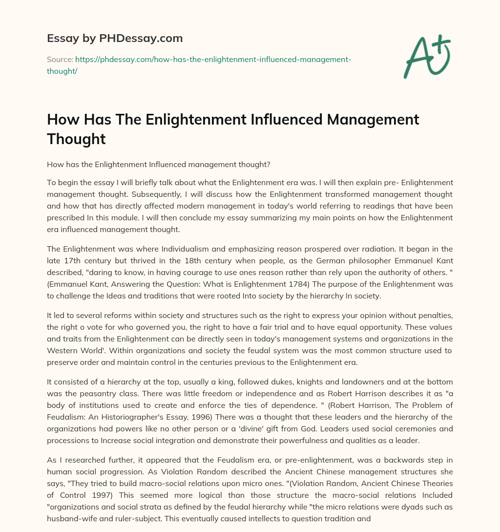 How Has The Enlightenment Influenced Management Thought essay