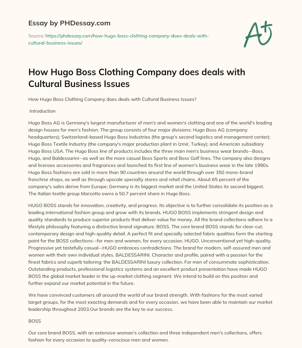 How Hugo Boss Clothing Company does deals with Cultural Business Issues essay