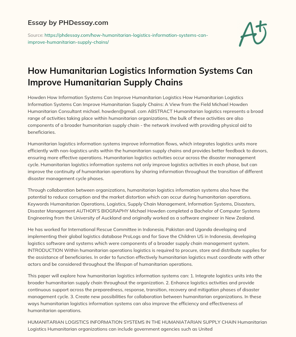 How Humanitarian Logistics Information Systems Can Improve Humanitarian Supply Chains essay