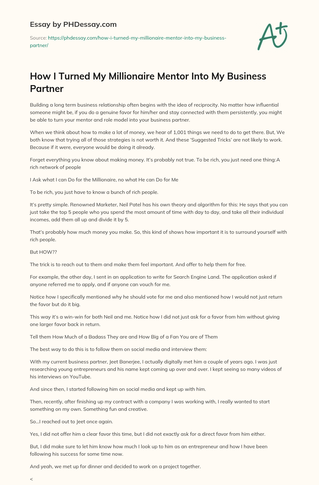 How I Turned My Millionaire Mentor Into My Business Partner essay