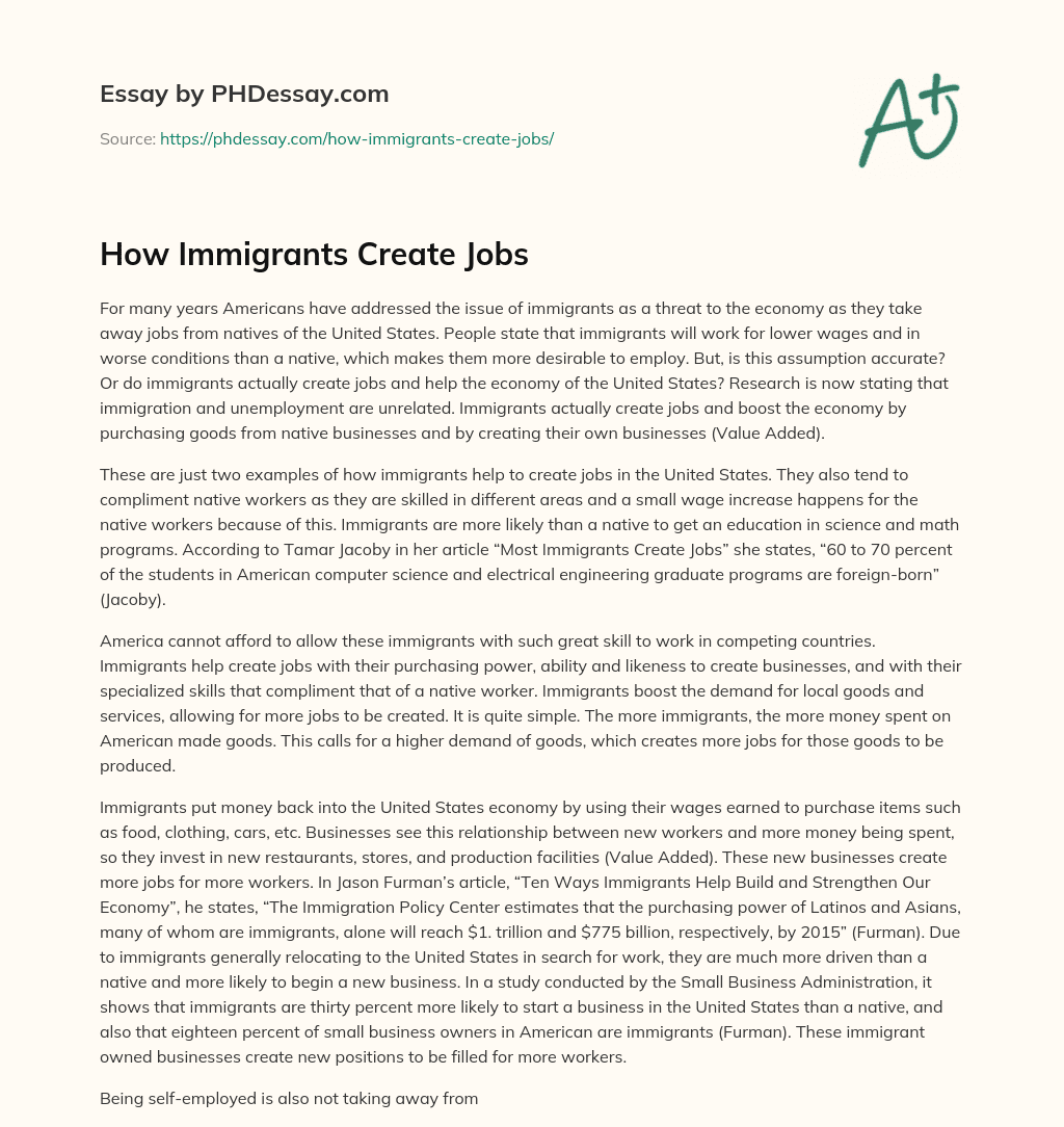 How Immigrants Create Jobs essay