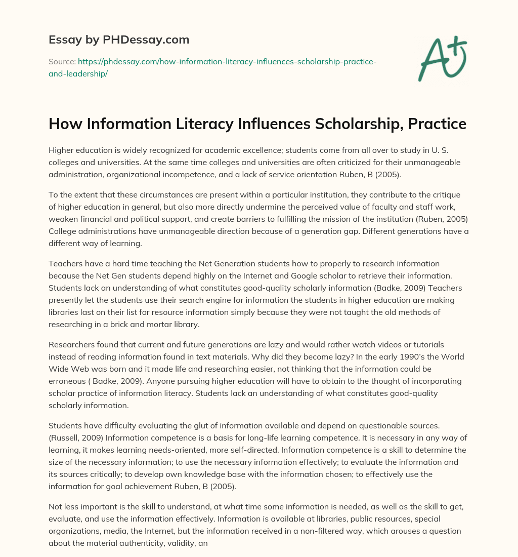 How Information Literacy Influences Scholarship, Practice essay