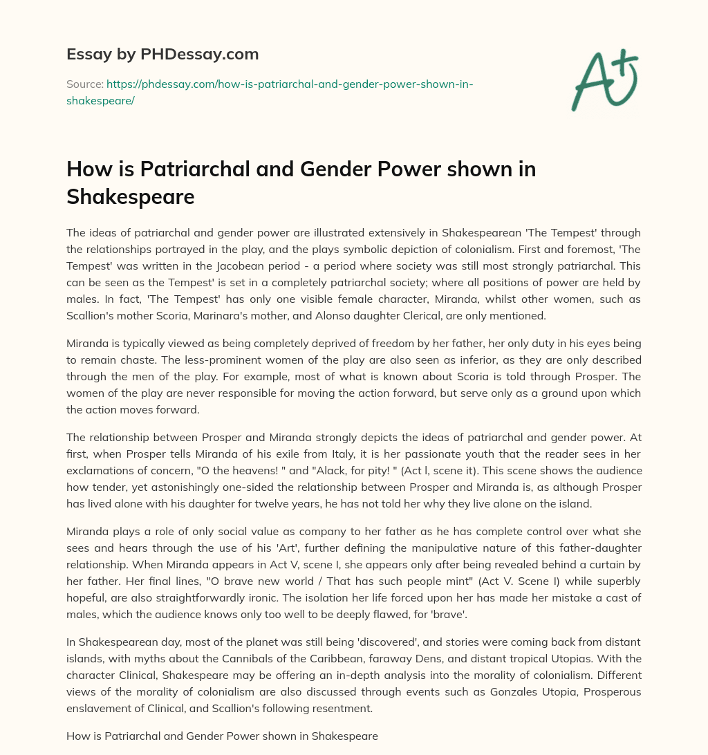 How is Patriarchal and Gender Power shown in Shakespeare essay