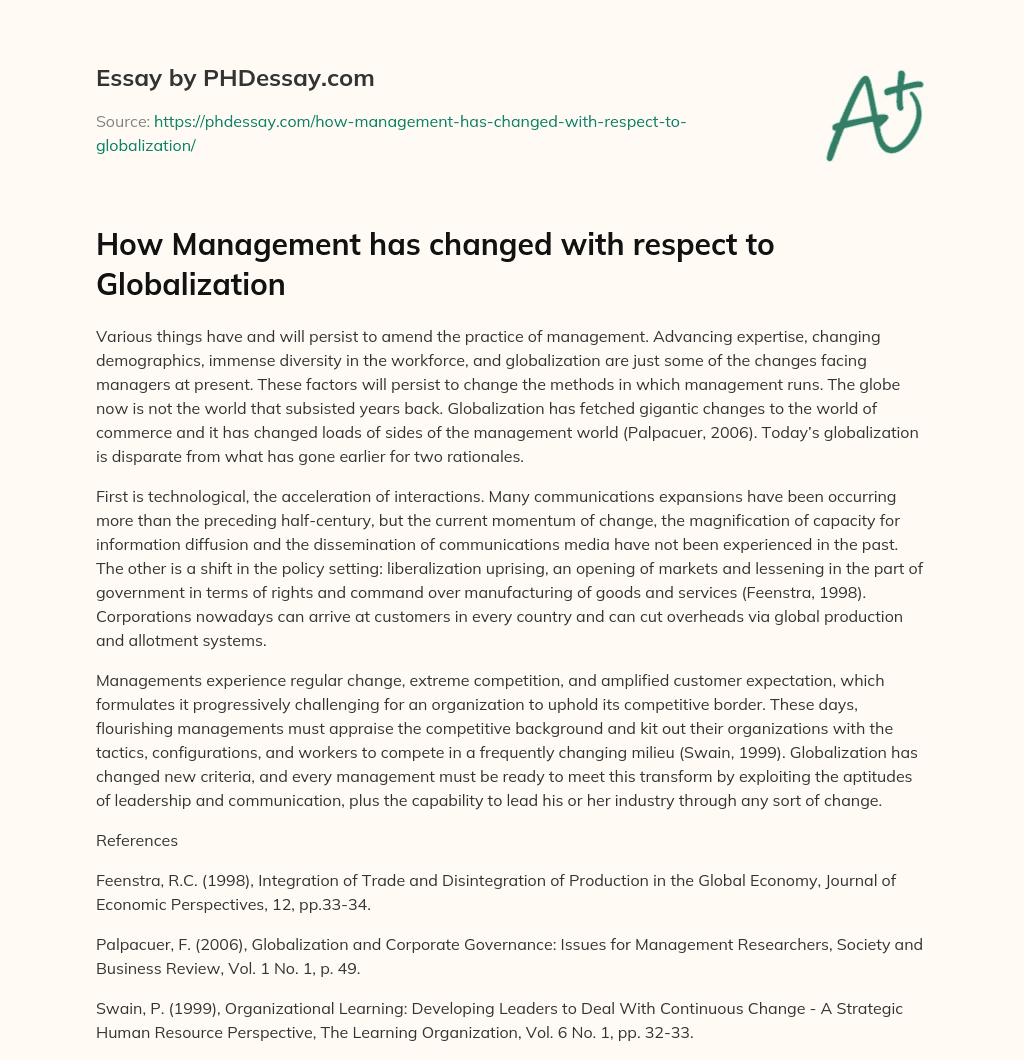 How Management has changed with respect to Globalization essay