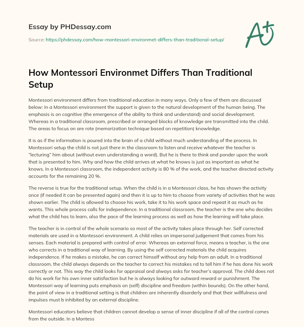 How Montessori Environmet Differs Than Traditional Setup essay