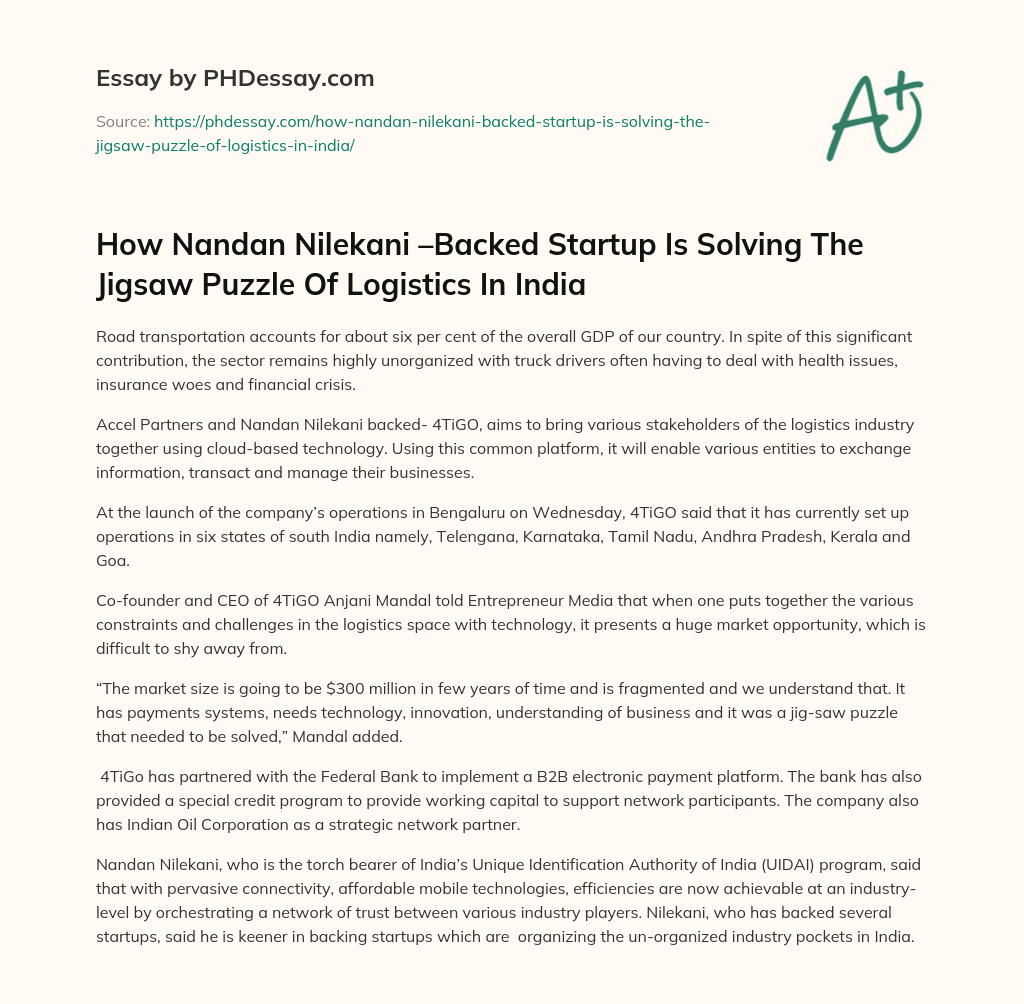 How Nandan Nilekani –Backed Startup Is Solving The Jigsaw Puzzle Of Logistics In India essay