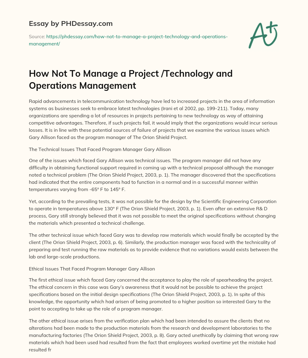 How Not To Manage a Project /Technology and Operations Management essay