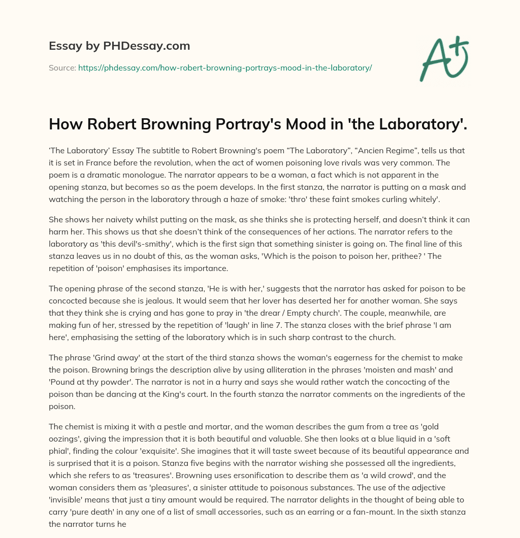 How Robert Browning Portray’s Mood in ‘the Laboratory’. essay