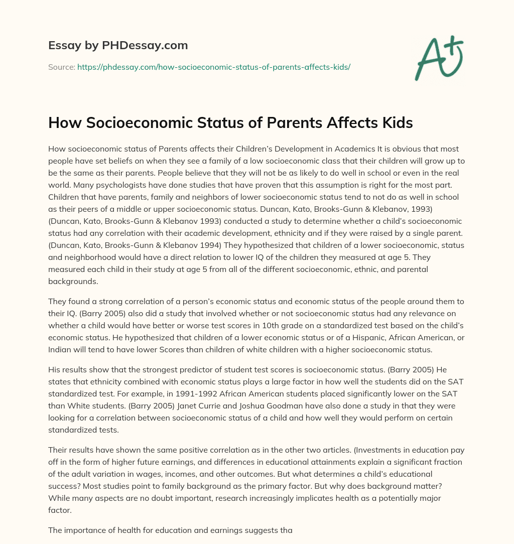 How Socioeconomic Status of Parents Affects Kids essay