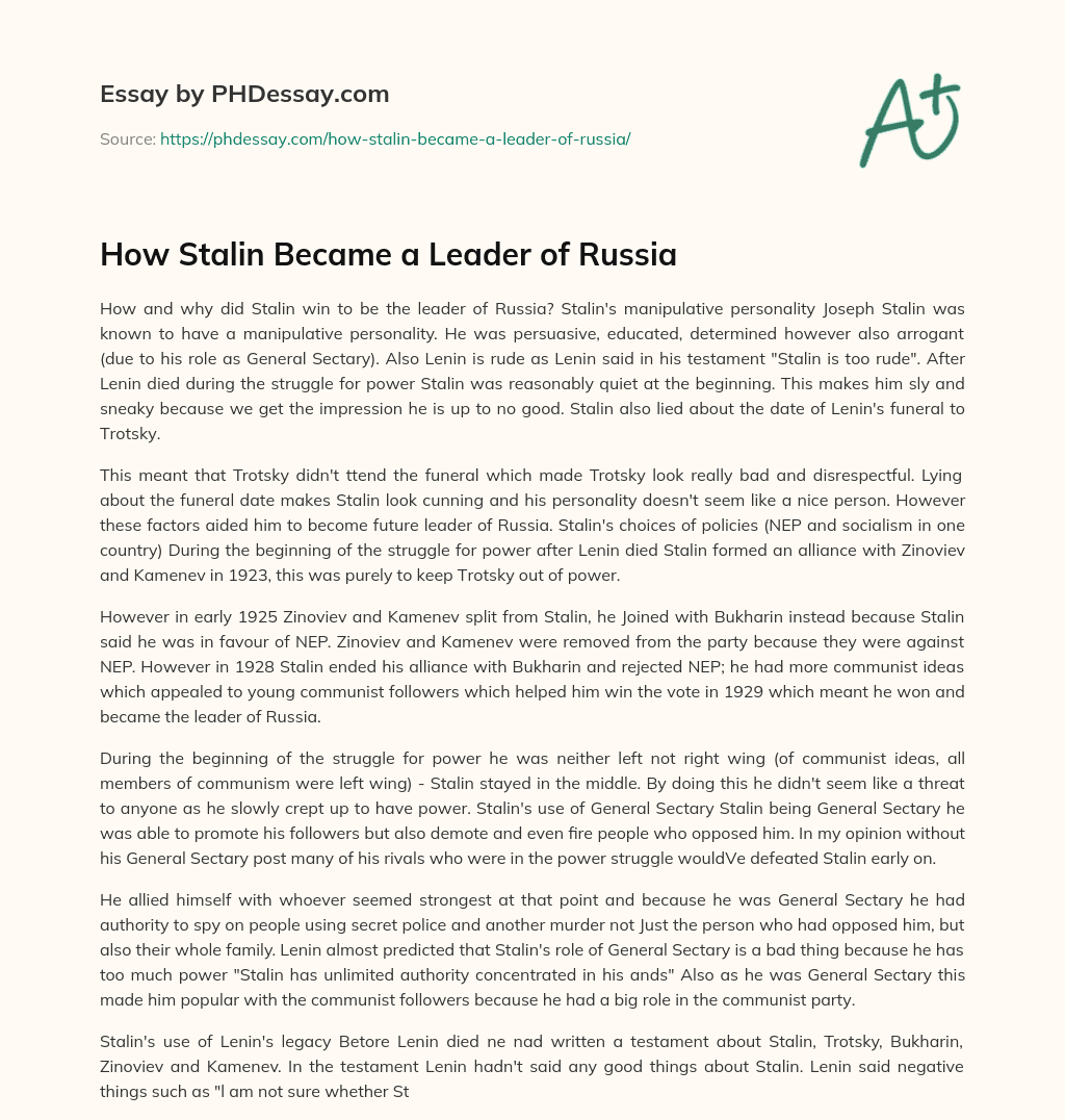 How Stalin Became a Leader of Russia essay