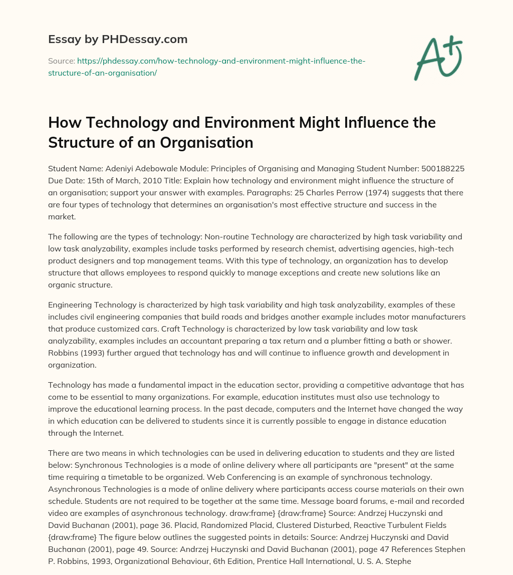 How Technology and Environment Might Influence the Structure of an Organisation essay