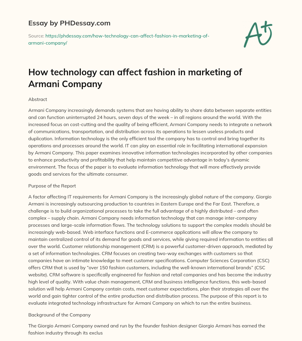 How technology can affect fashion in marketing of Armani Company essay