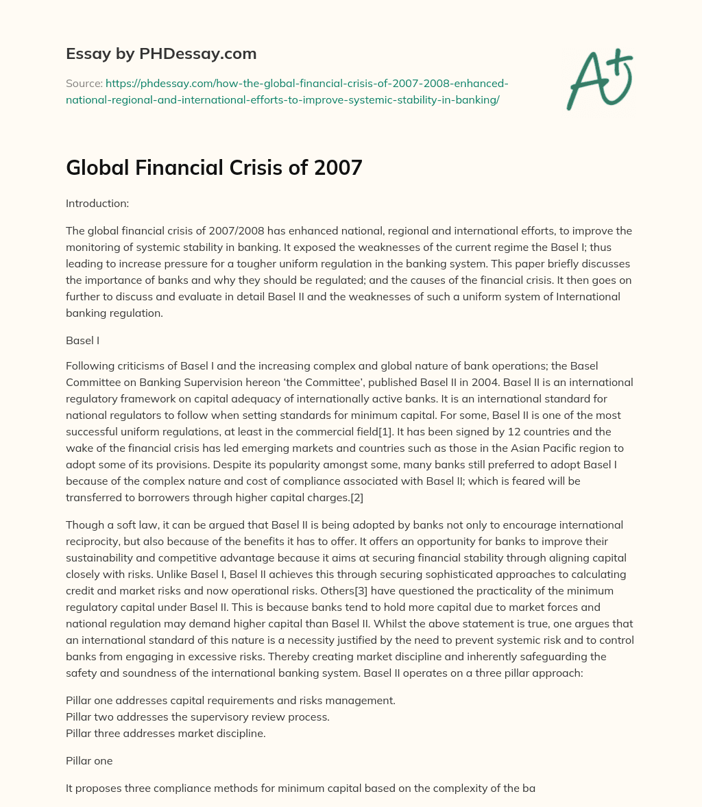 Global Financial Crisis of 2007 essay