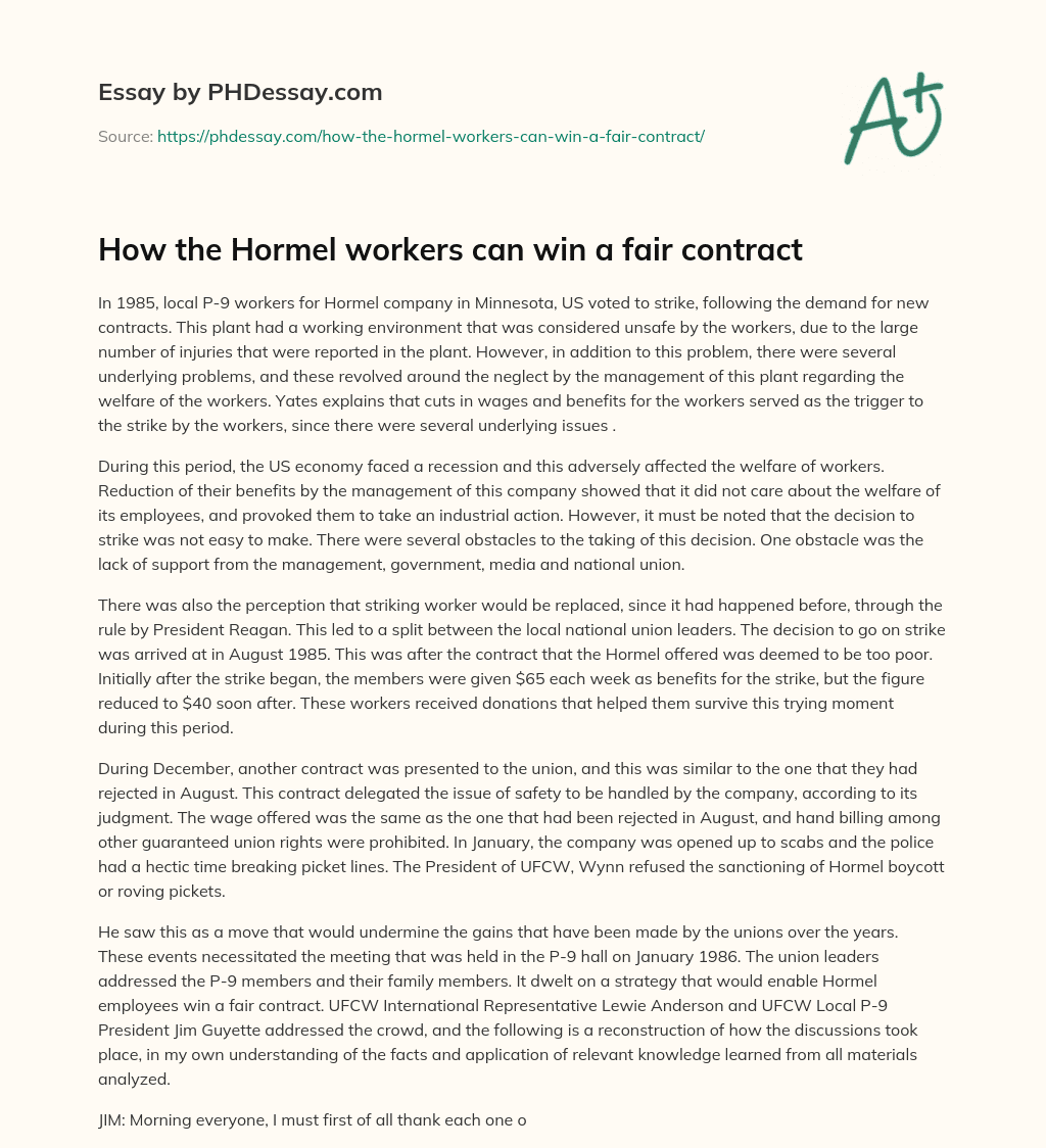How the Hormel workers can win a fair contract essay