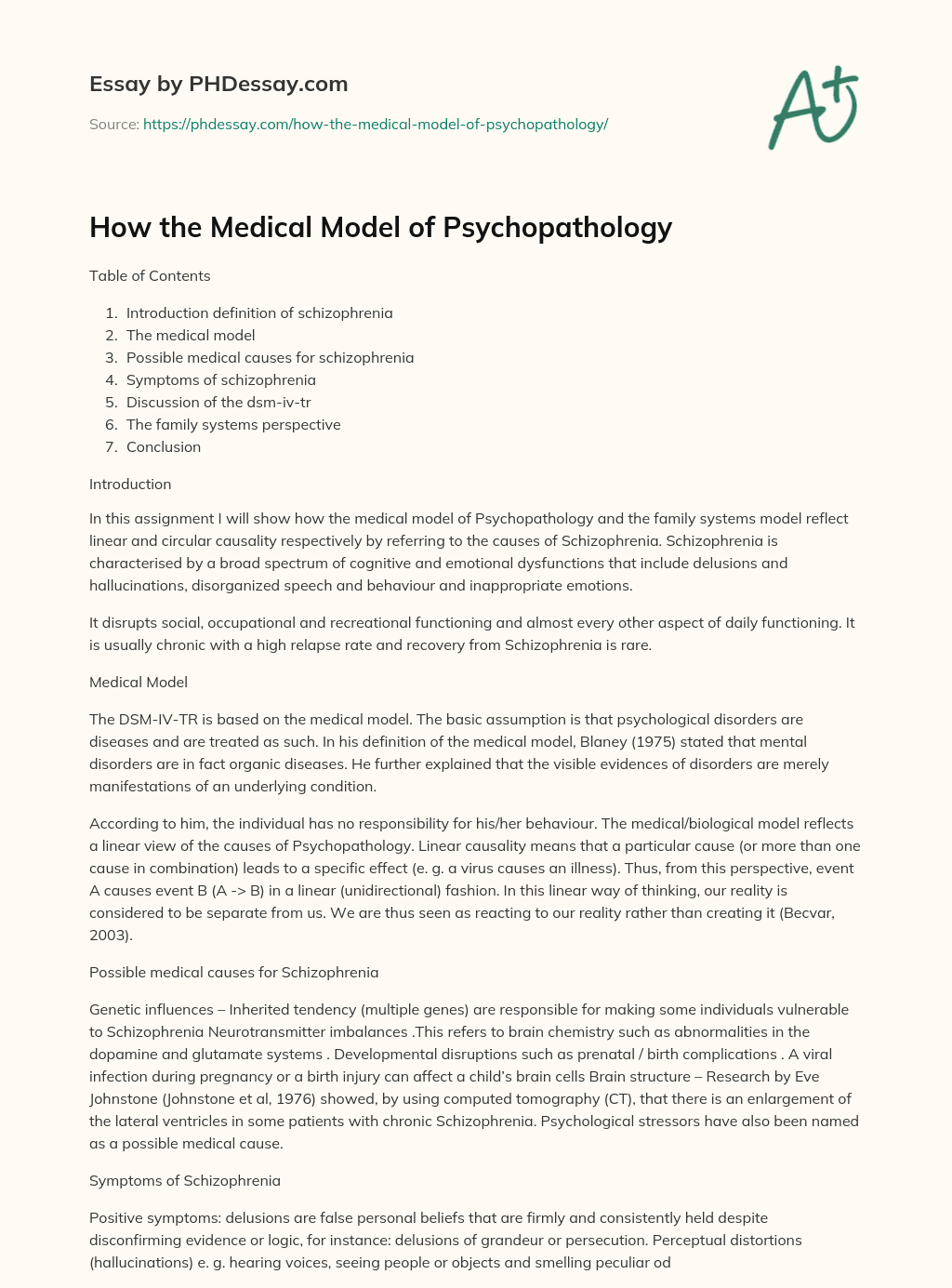 How the Medical Model of Psychopathology essay
