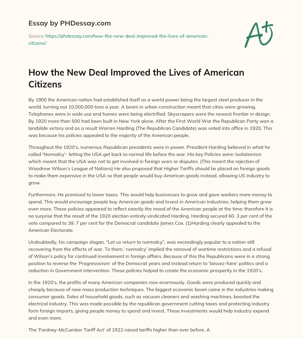 How the New Deal Improved the Lives of American Citizens essay