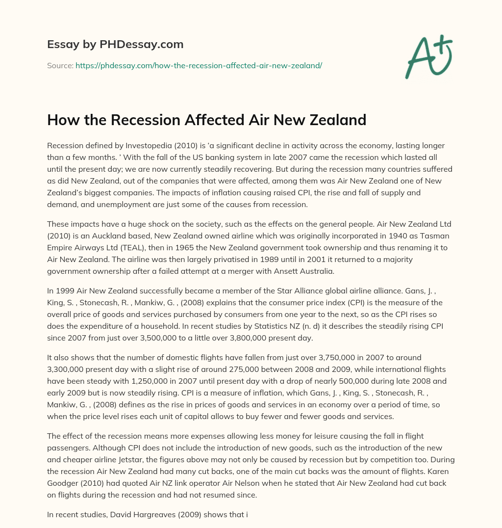 How the Recession Affected Air New Zealand essay
