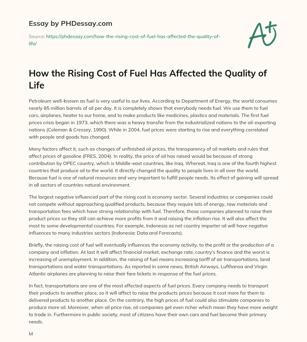 How the Rising Cost of Fuel Has Affected the Quality of Life essay