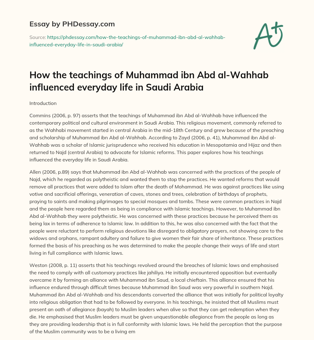 How the teachings of Muhammad ibn Abd al-Wahhab influenced everyday life in Saudi Arabia essay
