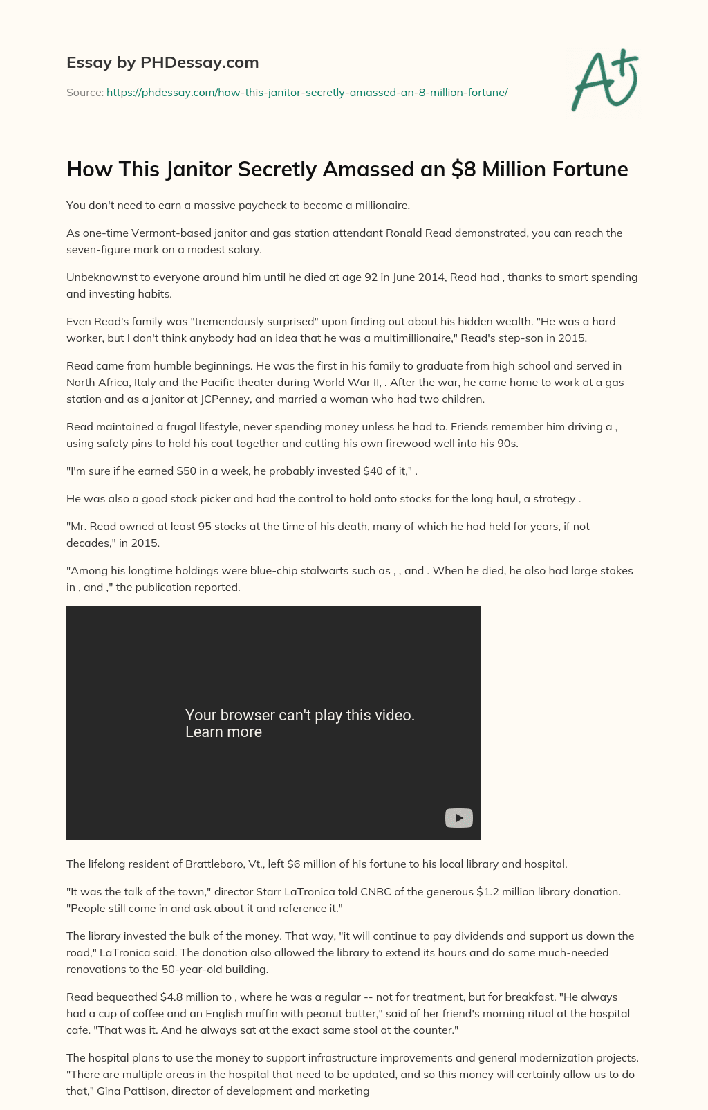 How This Janitor Secretly Amassed an $8 Million Fortune essay