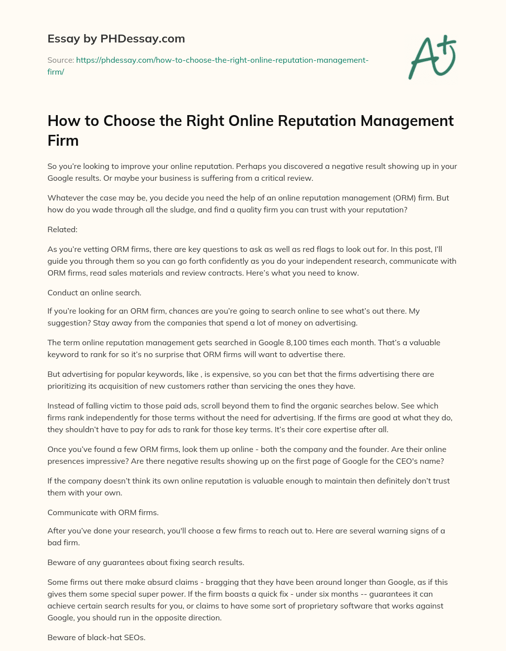 How to Choose the Right Online Reputation Management Firm essay