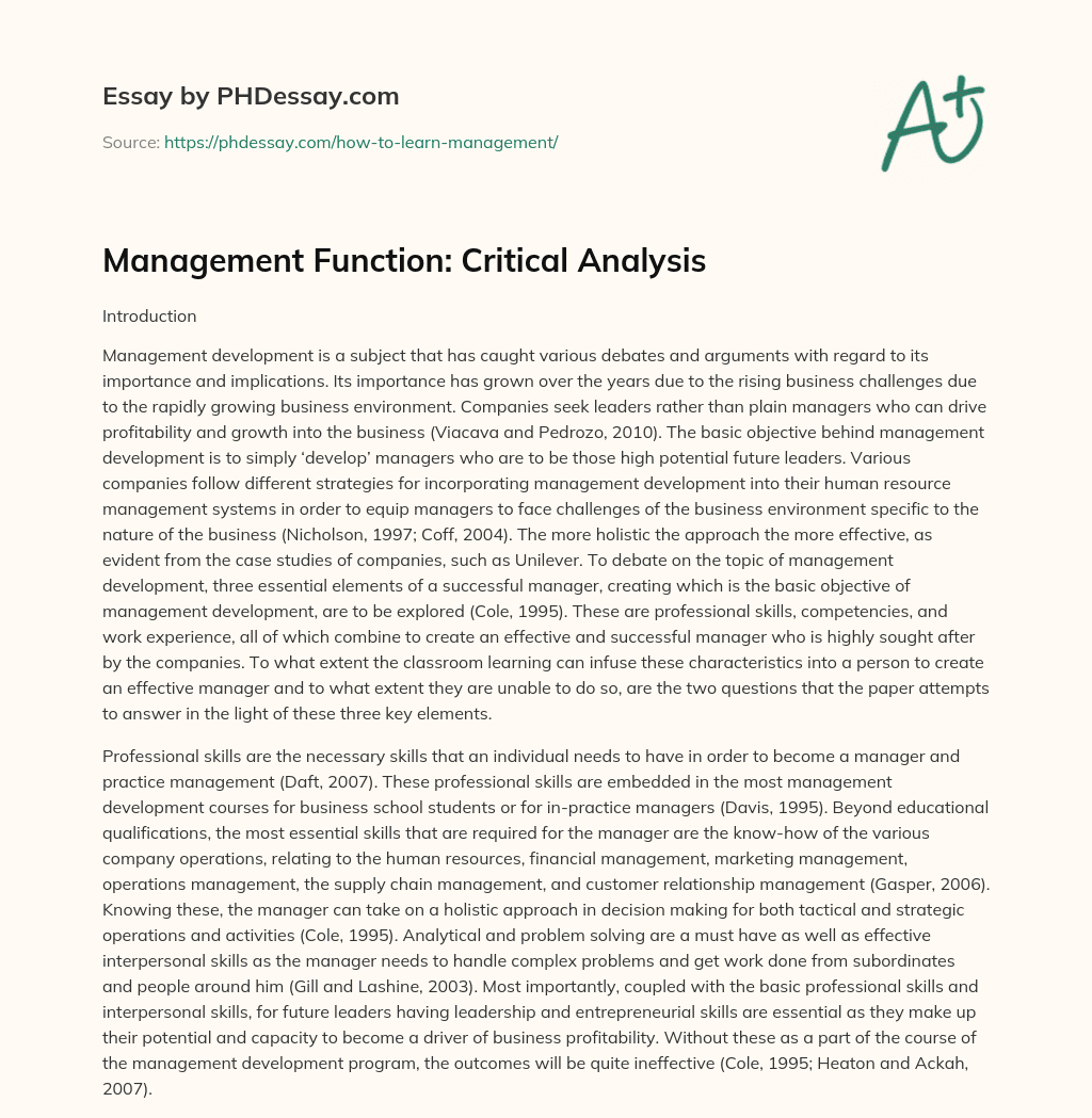 Management Function: Critical Analysis essay