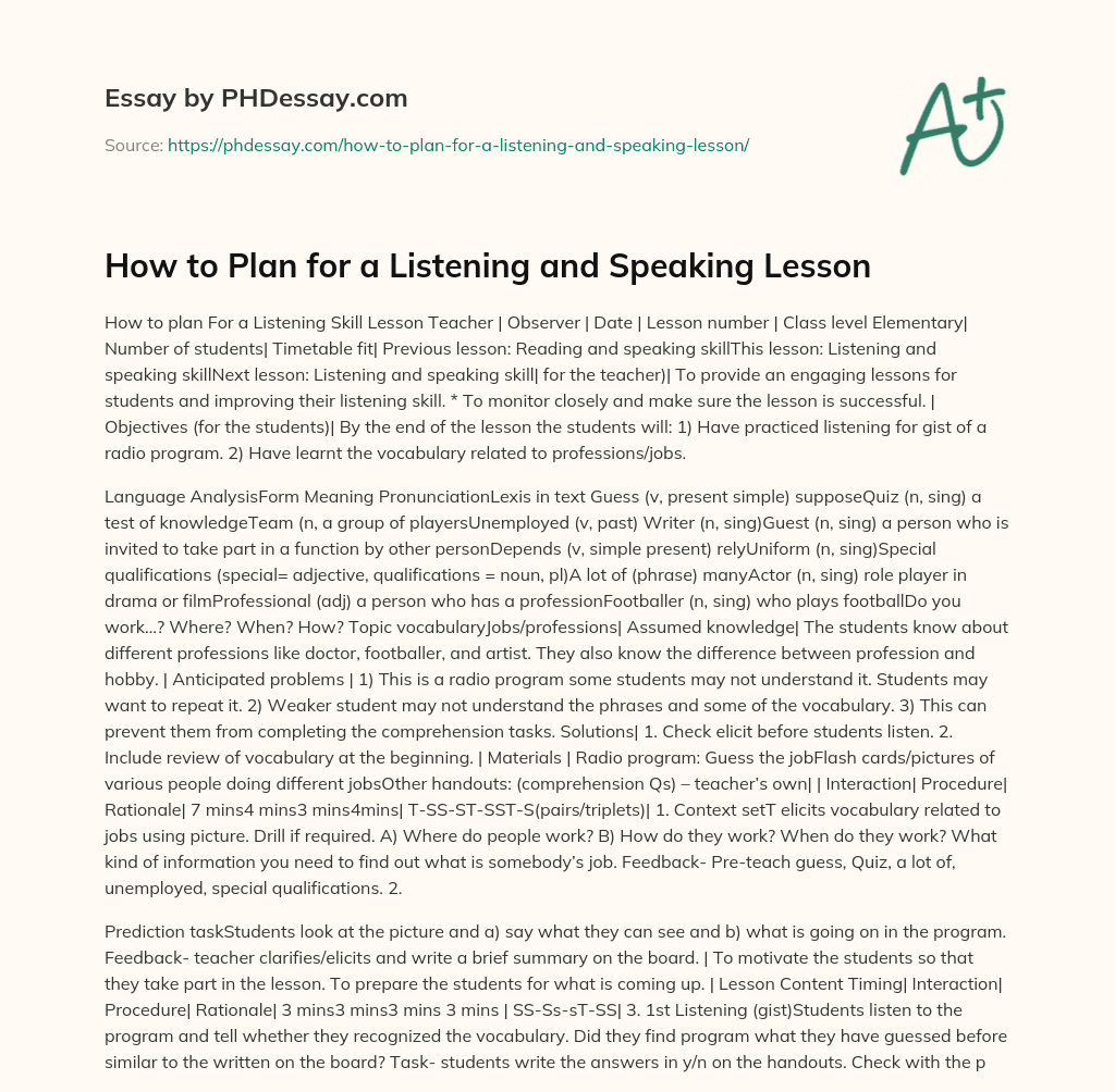 How to Plan for a Listening and Speaking Lesson essay