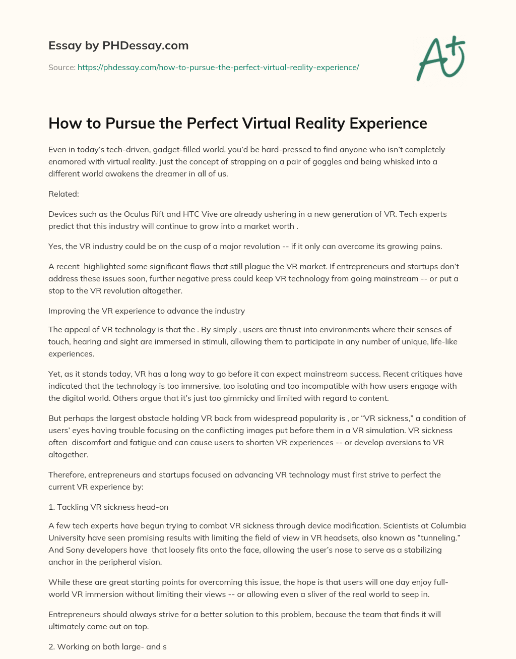 How to Pursue the Perfect Virtual Reality Experience essay