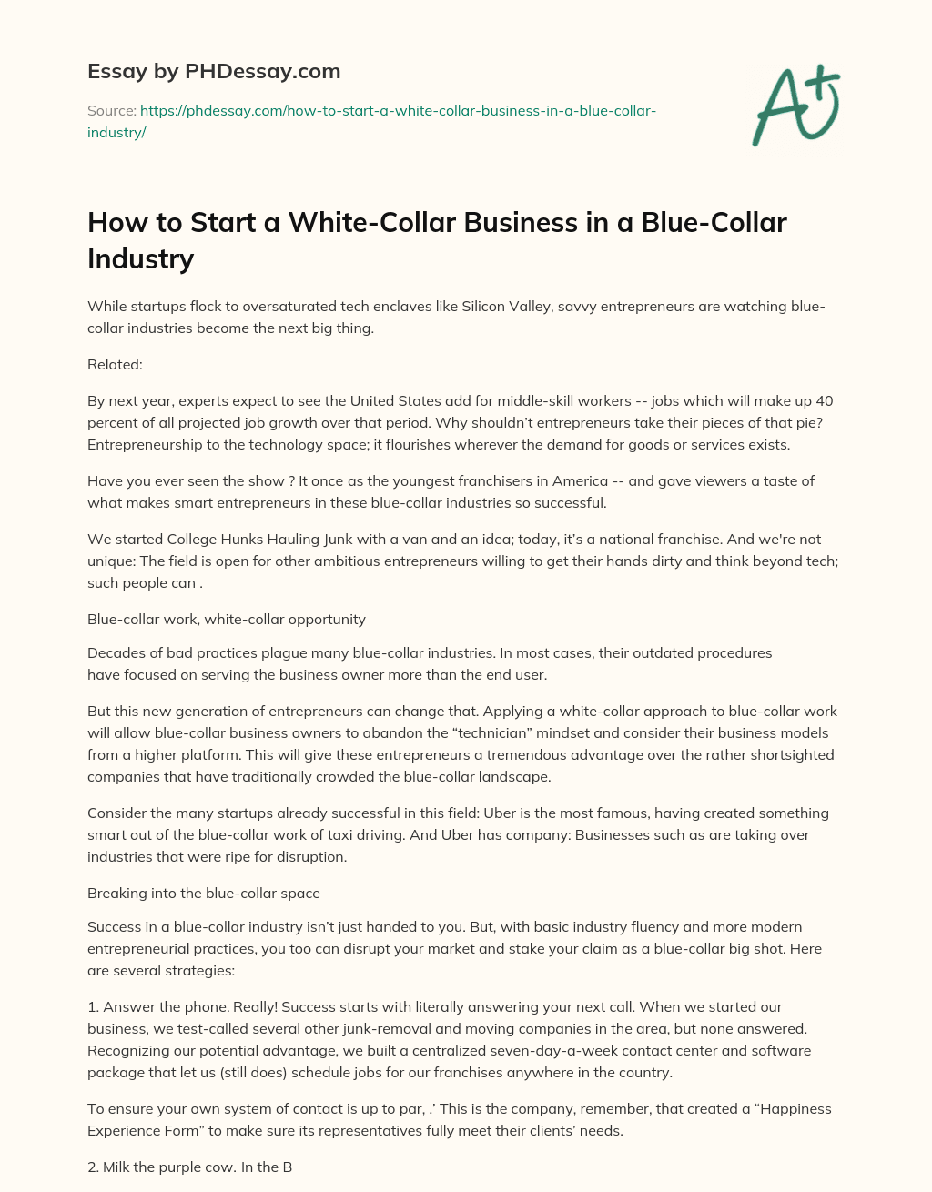 How to Start a White-Collar Business in a Blue-Collar Industry essay